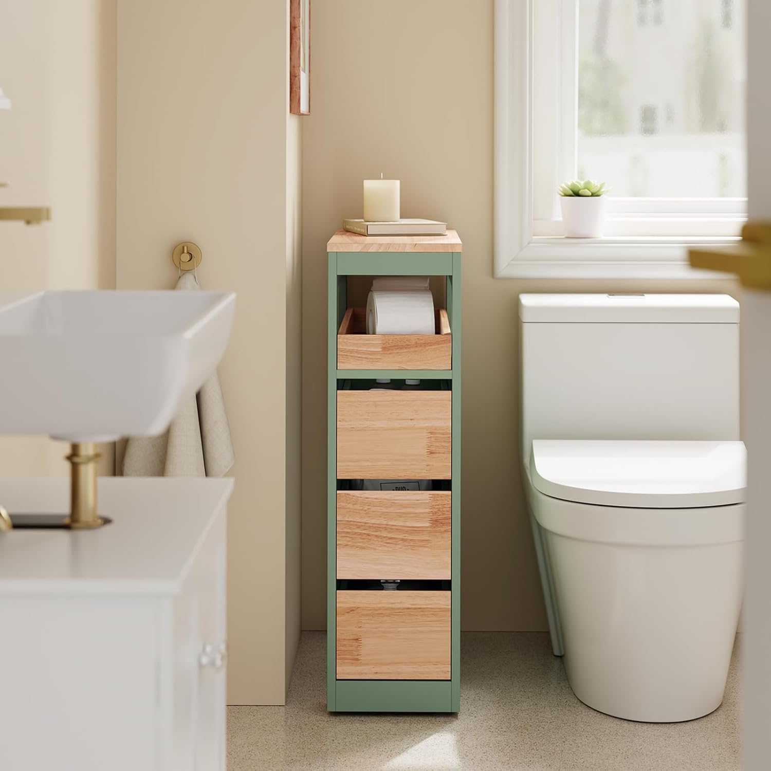 Smalt Badeværelsesskab Med   Skuffer  Pladsbesparende Rullevogn   Hjul  Velegnet Til Badeværelse  Toilet   Køkkenopbevaring  65x24x82    Grøn